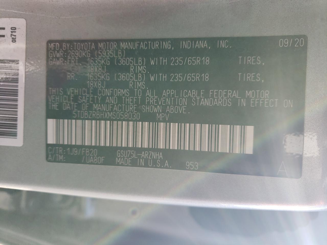 2021 Toyota Highlander L VIN: 5TDBZRBHXMS058030 Lot: 91370185