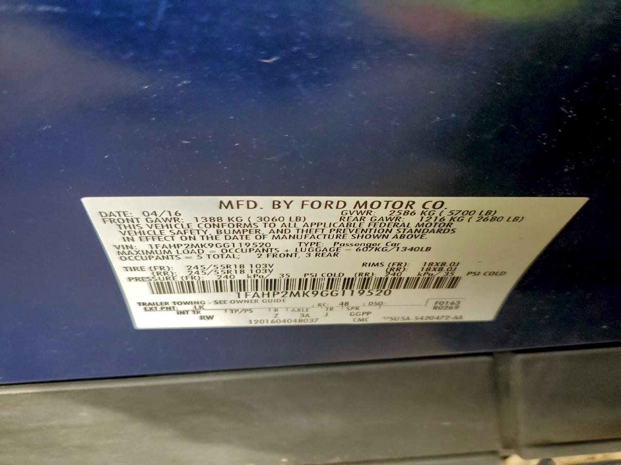 2016 Ford Taurus Police Interceptor VIN: 1FAHP2MK9GG119520 Lot: 93711925