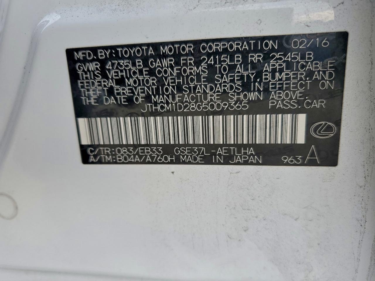 2016 Lexus Is 300 VIN: JTHCM1D28G5009365 Lot: 94679205