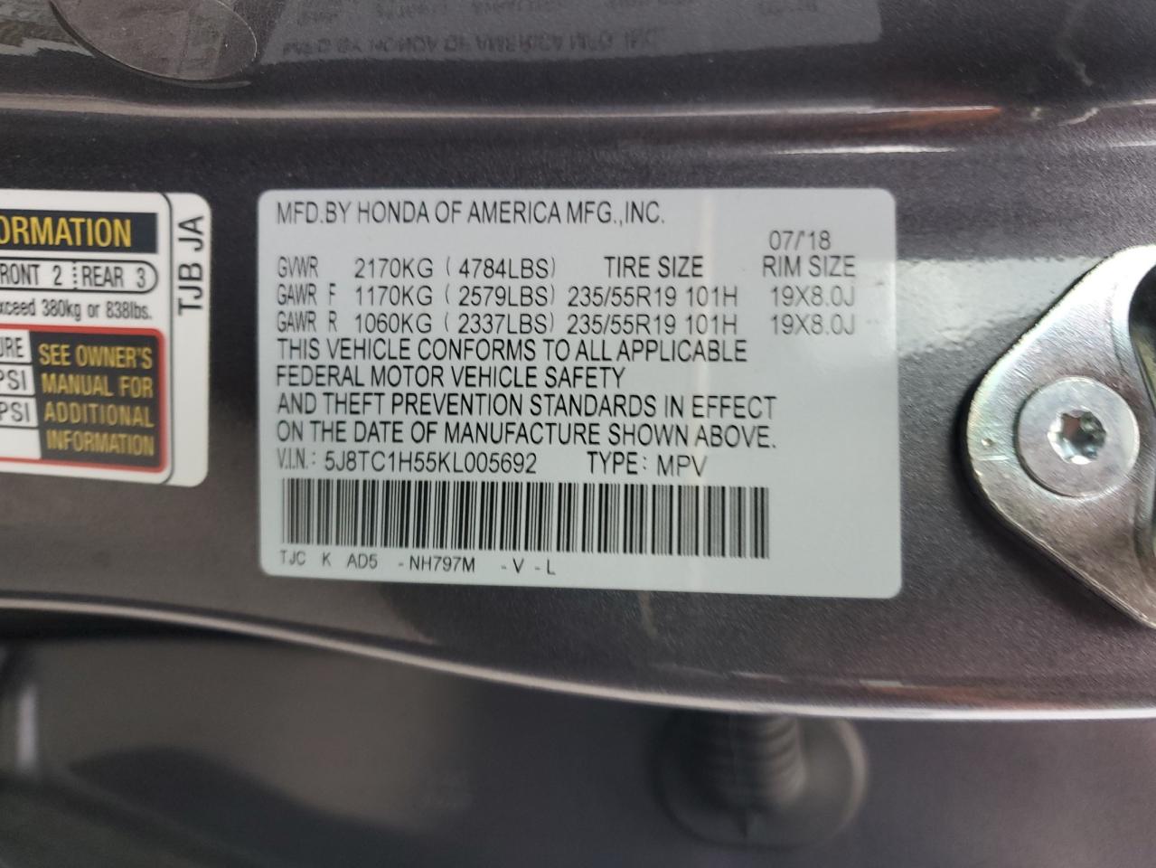 2019 Acura Rdx Technology VIN: 5J8TC1H55KL005692 Lot: 93377435