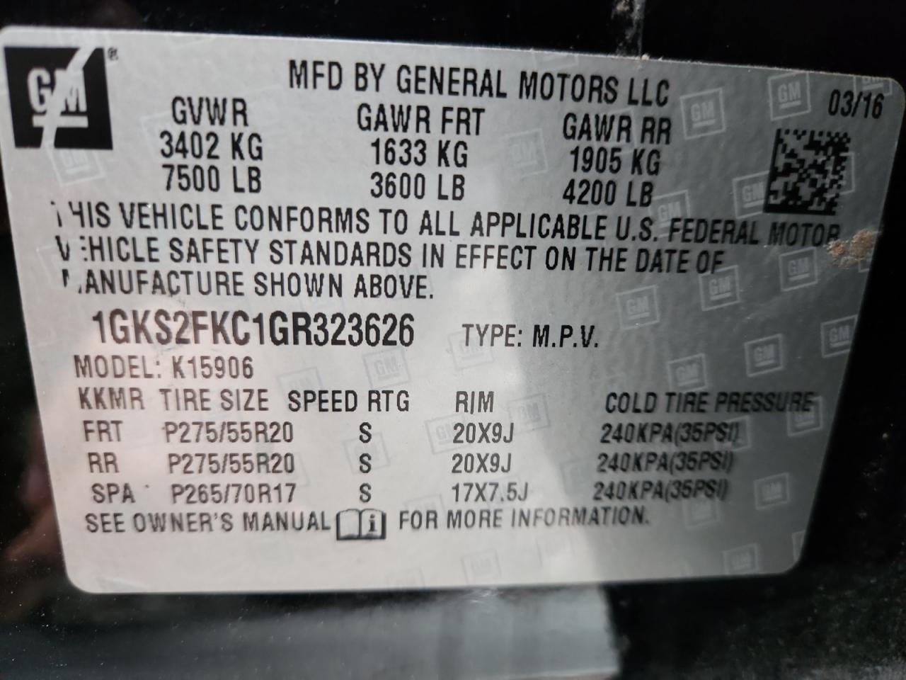 2016 GMC Yukon Xl K1500 Sle VIN: 1GKS2FKC1GR323626 Lot: 91864525