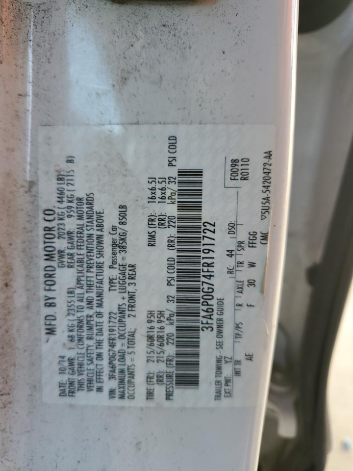 2015 Ford Fusion S VIN: 3FA6P0G74FR191722 Lot: 90859325