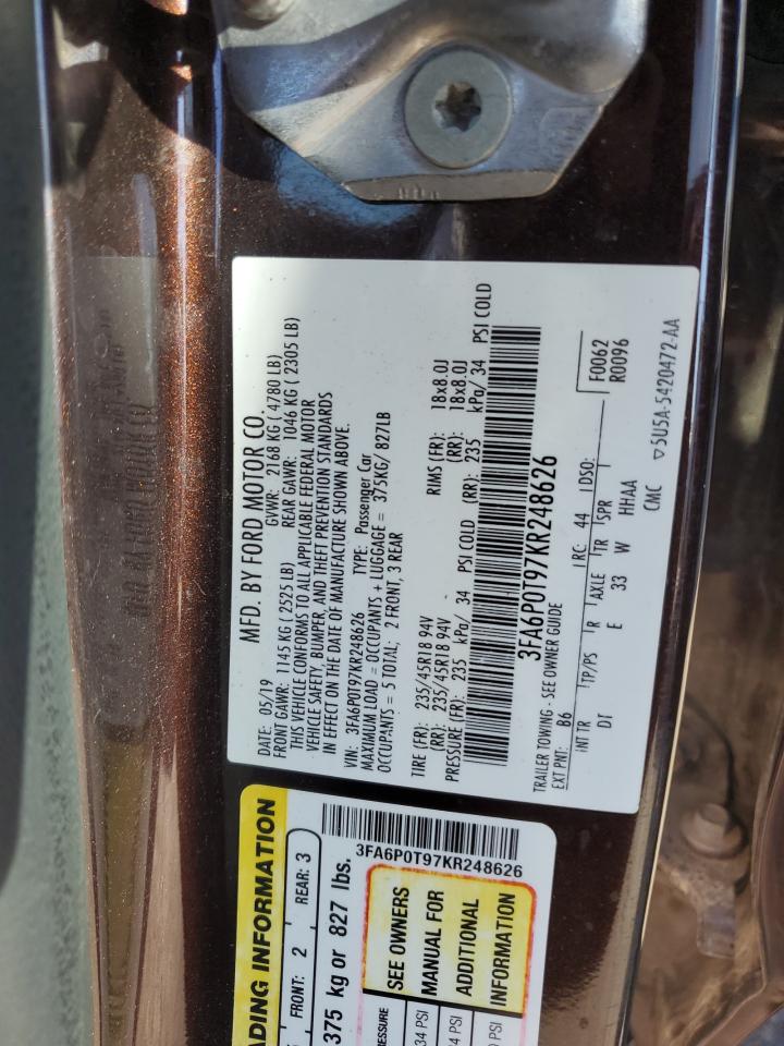 2019 Ford Fusion Se VIN: 3FA6P0T97KR248626 Lot: 91899575