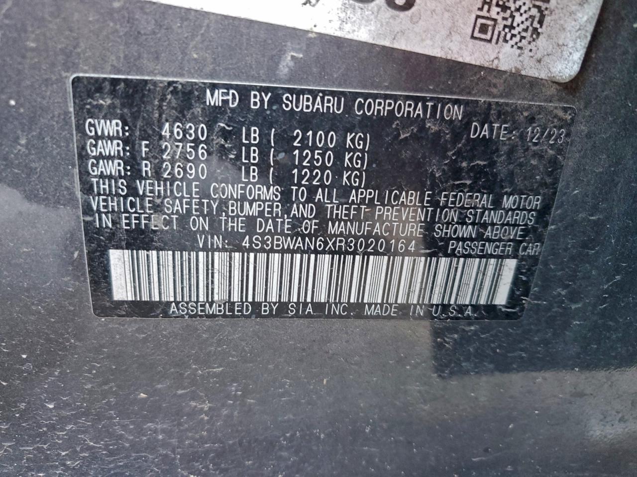 2024 Subaru Legacy Limited VIN: 4S3BWAN6XR3020164 Lot: 93950765