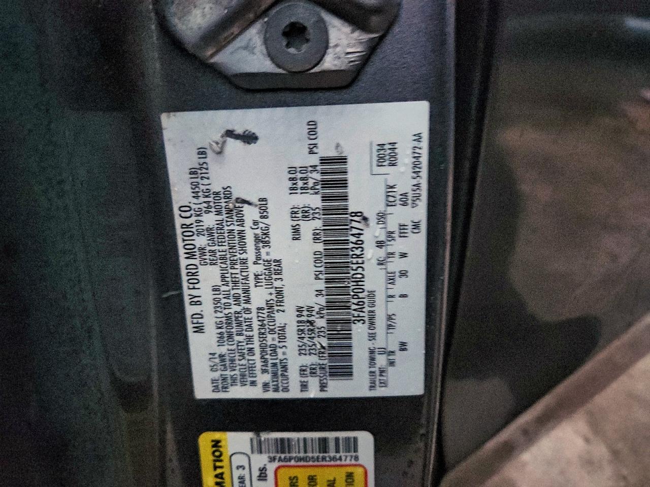 2014 Ford Fusion Se VIN: 3FA6P0HD5ER364778 Lot: 93851745