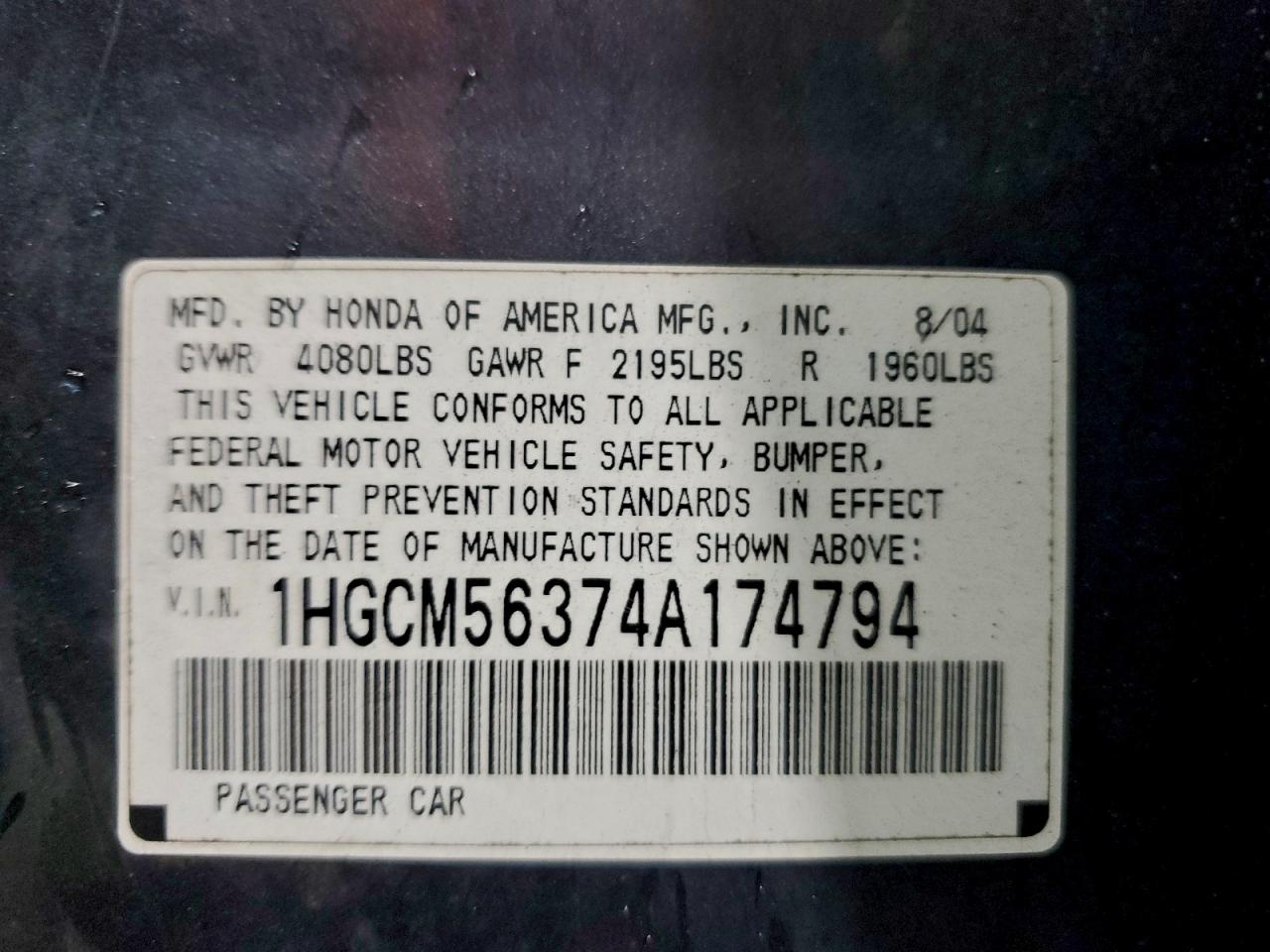 2004 Honda Accord Lx VIN: 1HGCM56374A174794 Lot: 94160075