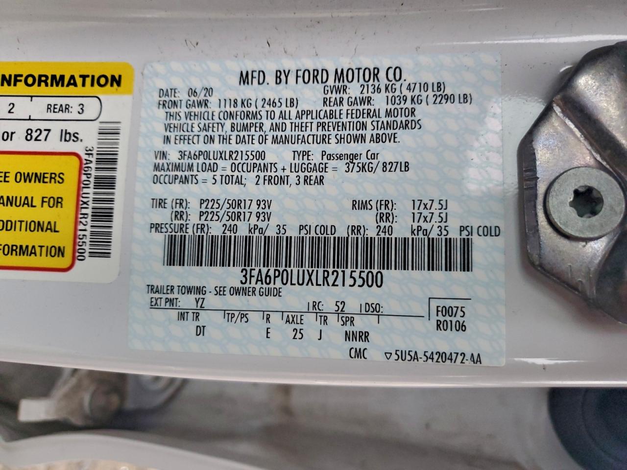 2020 Ford Fusion Se VIN: 3FA6P0LUXLR215500 Lot: 94502255