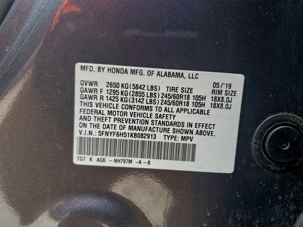 2019 Honda Pilot Exl VIN: 5FNYF6H51KB082913 Lot: 94140925