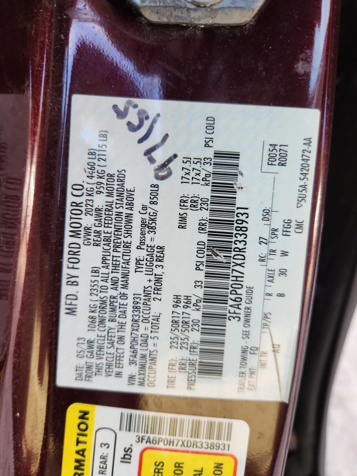 2013 Ford Fusion Se VIN: 3FA6P0H7XDR338931 Lot: 93196165