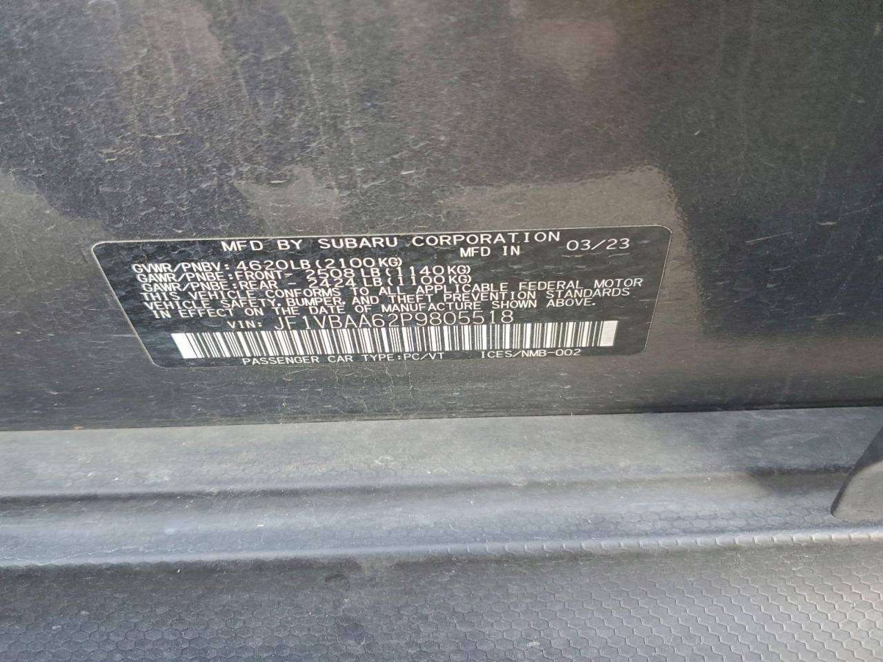 2023 Subaru Wrx VIN: JF1VBAA62P9805518 Lot: 94708525