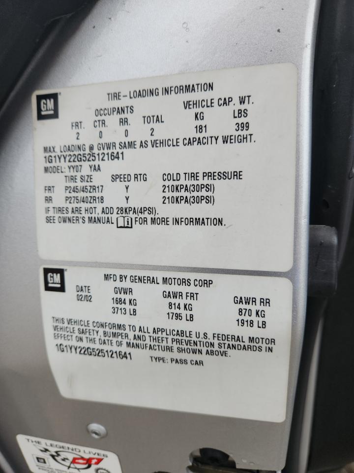 2002 Chevrolet Corvette VIN: 1G1YY22G525121641 Lot: 93640635