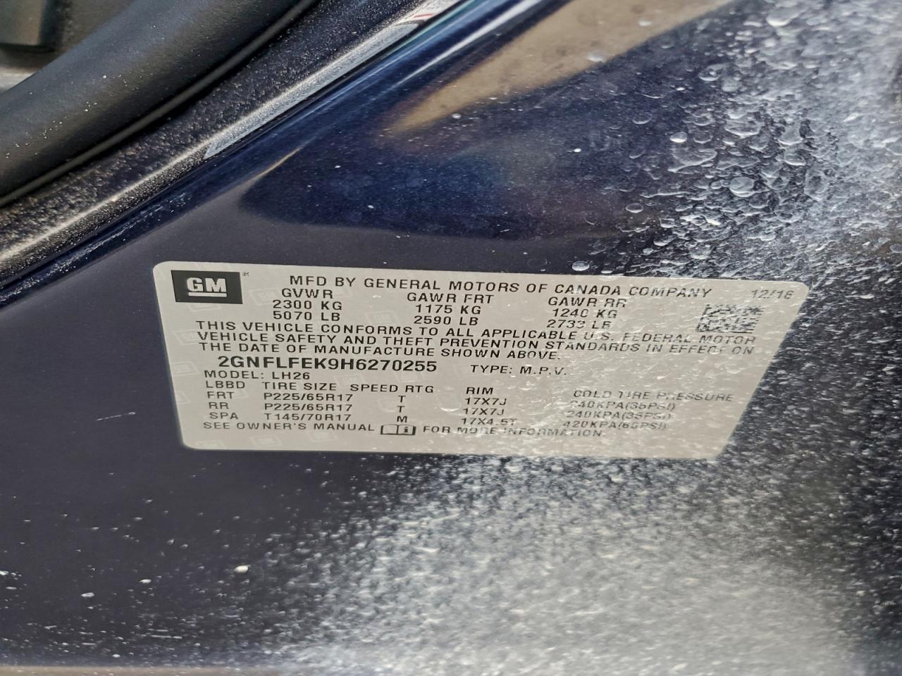 2017 Chevrolet Equinox Lt VIN: 2GNFLFEK9H6270255 Lot: 94346805