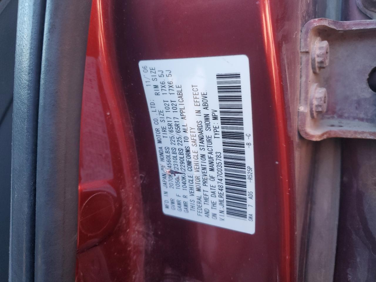 2007 Honda Cr-V Exl VIN: JHLRE48747C035783 Lot: 93481665