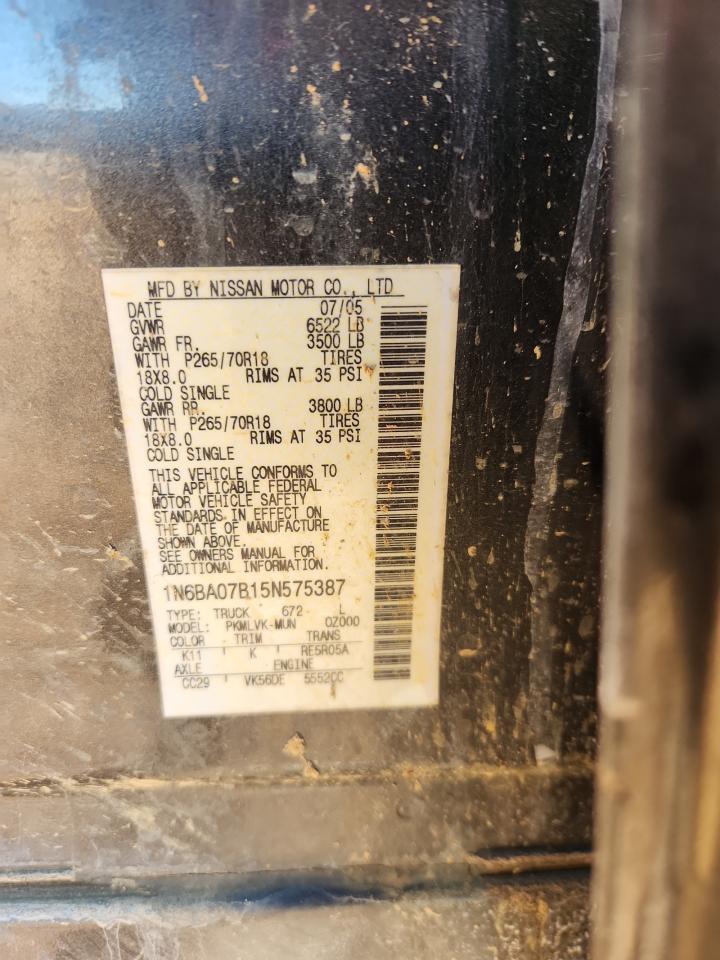 2005 Nissan Titan Xe VIN: 1N6BA07B15N575387 Lot: 90650325