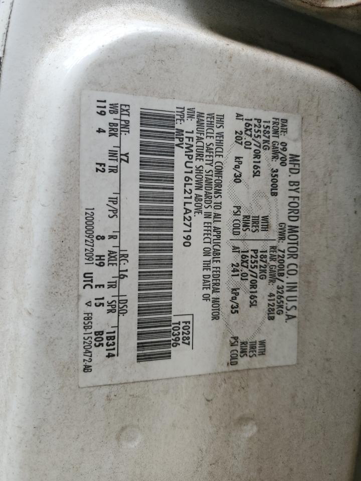 2001 Ford Expedition Xlt VIN: 1FMPU16L21LA27190 Lot: 92946735