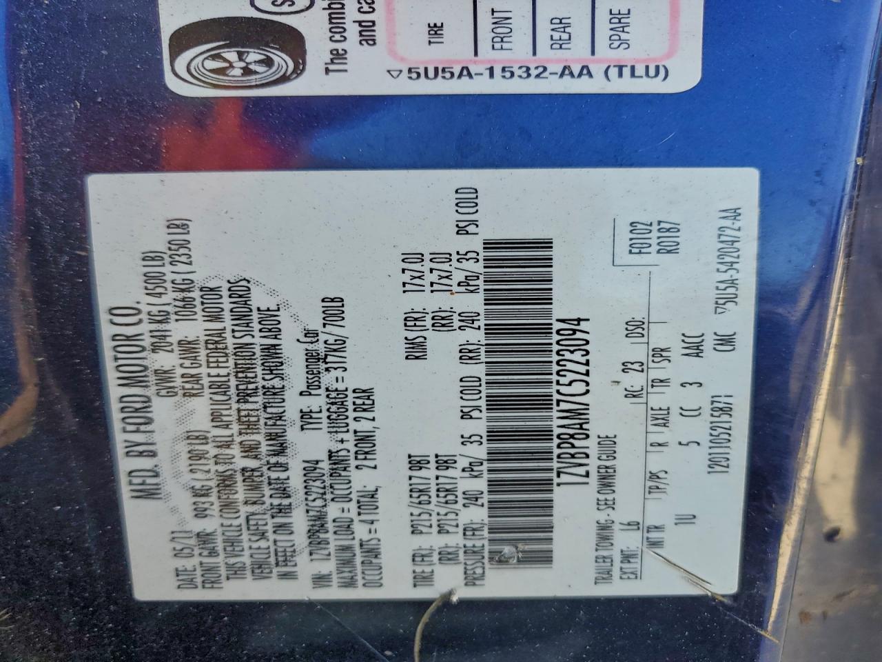 2012 Ford Mustang VIN: 1ZVBP8AM7C5223094 Lot: 93893685