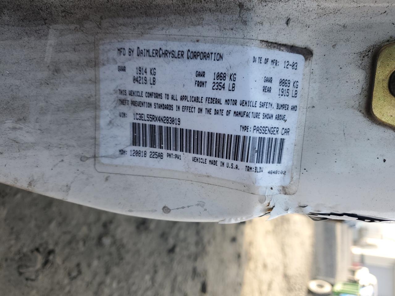 2004 Chrysler Sebring Lxi VIN: 1C3EL55RX4N283019 Lot: 91862285