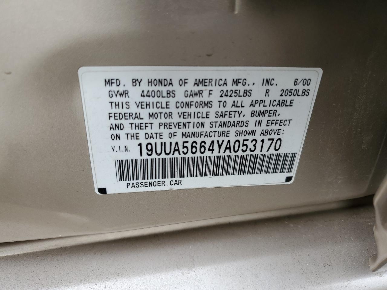 2000 Acura 3.2Tl VIN: 19UUA5664YA053170 Lot: 92236635