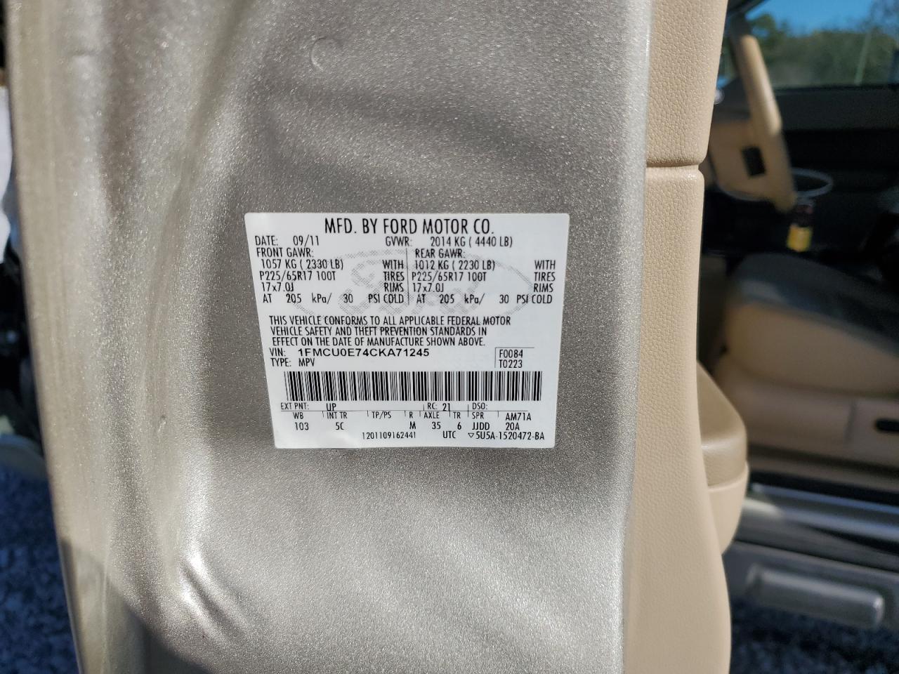 2012 Ford Escape Limited VIN: 1FMCU0E74CKA71245 Lot: 92168145