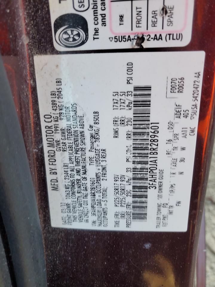 2011 Ford Fusion Sel VIN: 3FAHP0JA1BR289601 Lot: 93190955