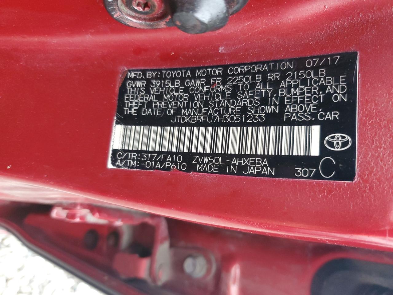 2017 Toyota Prius VIN: JTDKBRFU7H3051233 Lot: 93188975