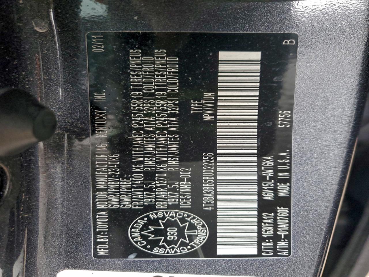 2011 Toyota Venza VIN: 4T3BA3BB5BU022256 Lot: 94698205