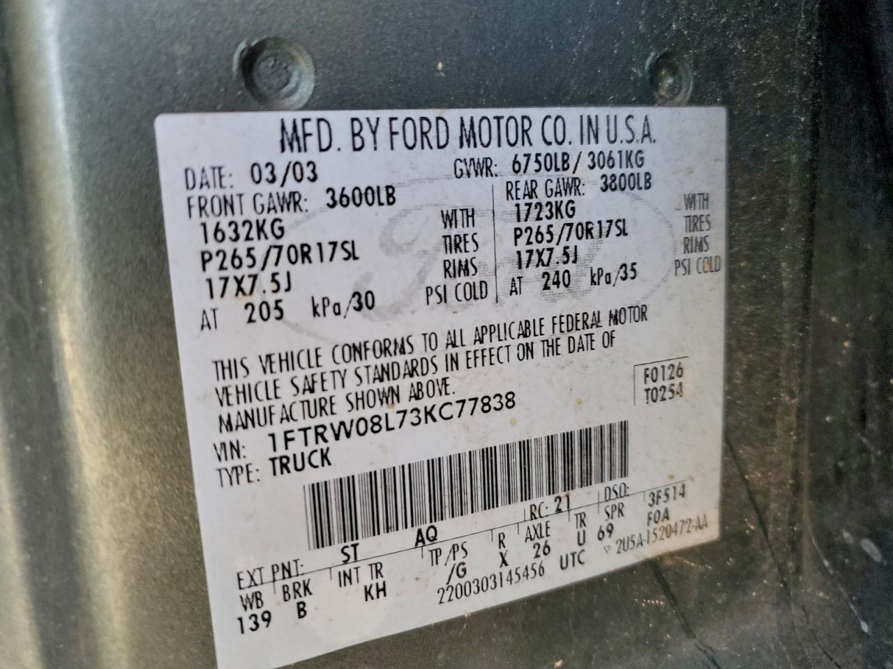 2003 Ford F150 Supercrew VIN: 1FTRW08L73KC77838 Lot: 94144995