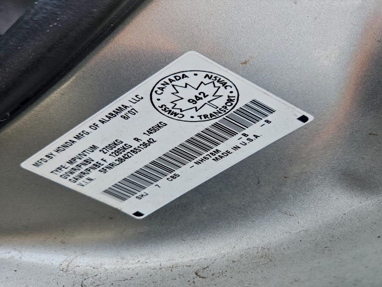 2007 Honda Odyssey Ex VIN: 5FNRL38427B513642 Lot: 93450725