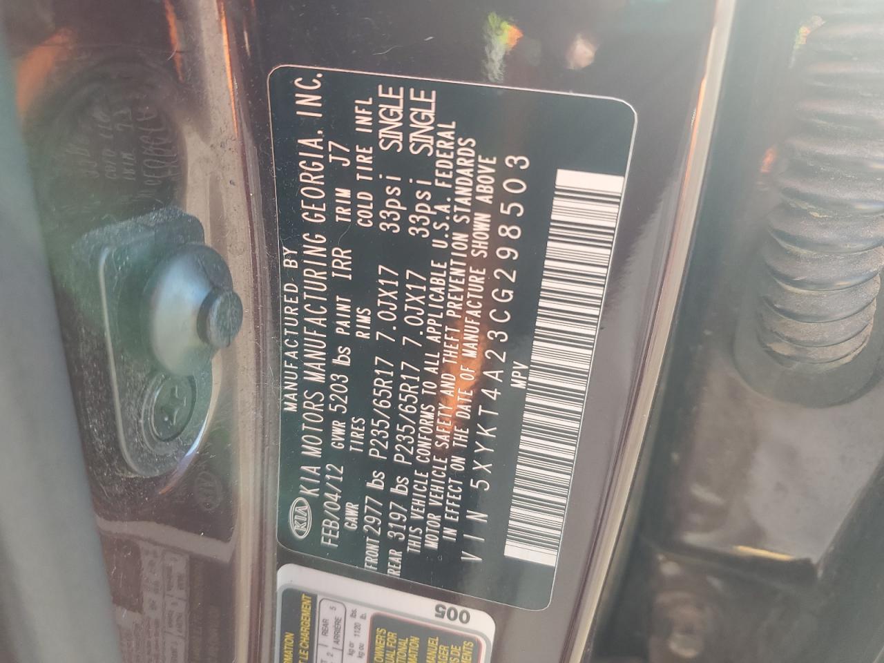 2012 Kia Sorento Base VIN: 5XYKT4A23CG298503 Lot: 92988575