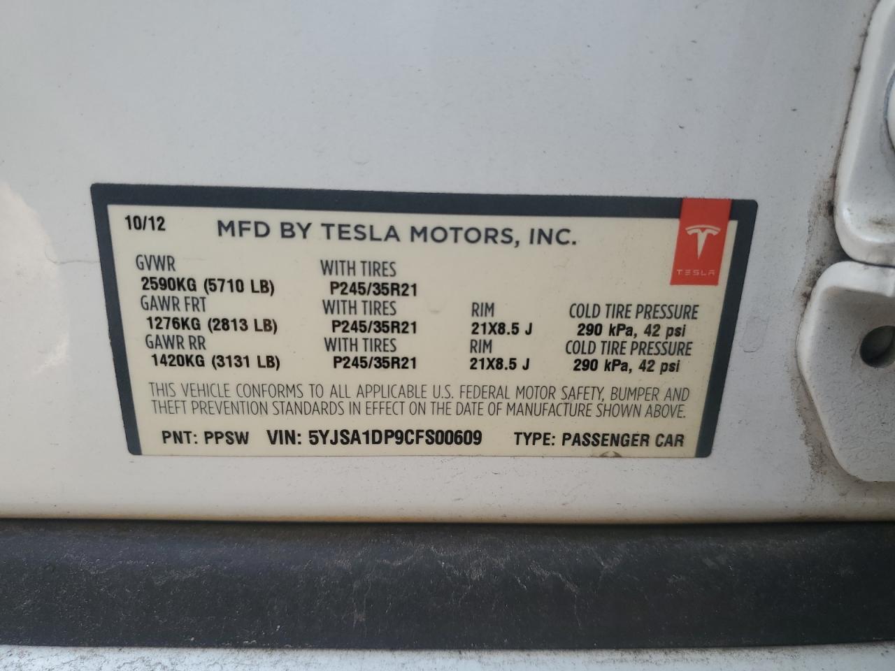 2012 Tesla Model S VIN: 5YJSA1DP9CFS00609 Lot: 92623085