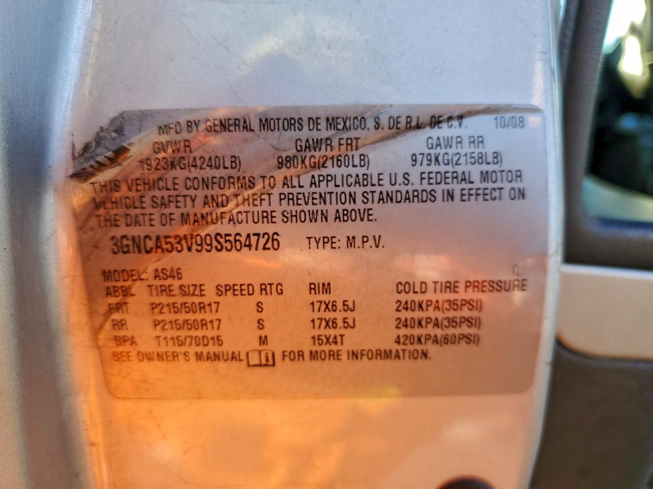 2009 Chevrolet Hhr Lt VIN: 3GNCA53V99S564726 Lot: 93011075