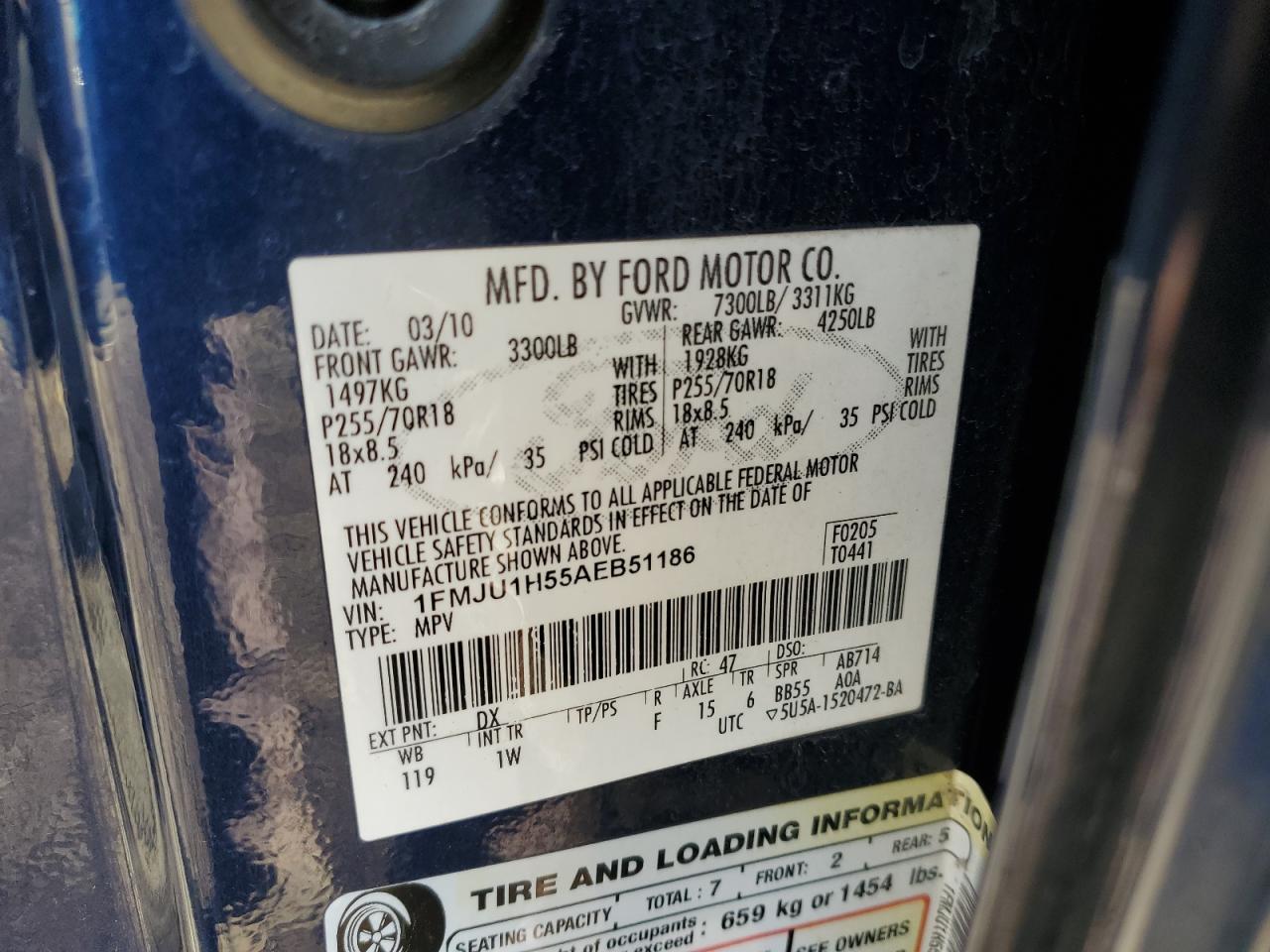 2010 Ford Expedition Eddie Bauer VIN: 1FMJU1H55AEB51186 Lot: 92863175