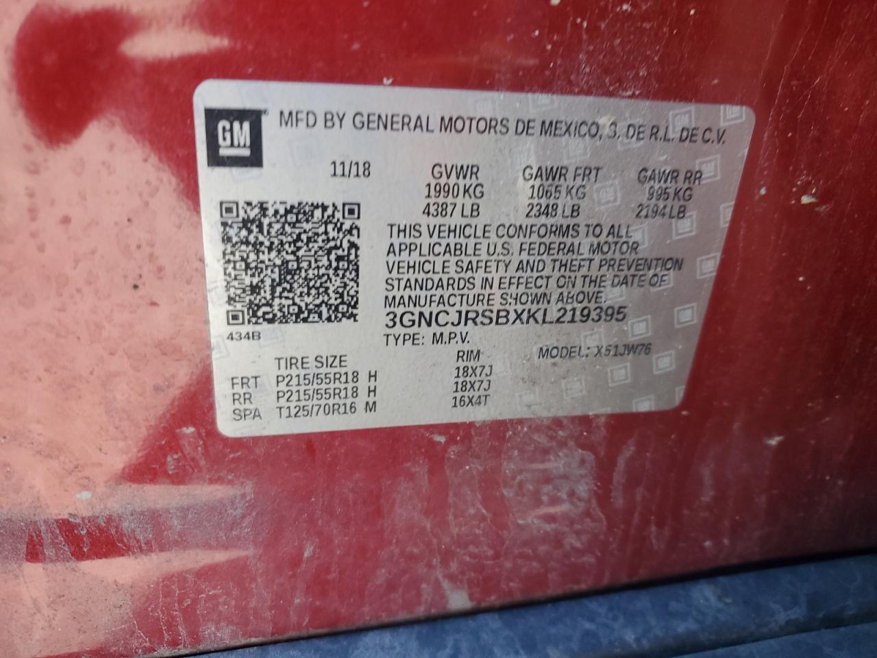 2019 Chevrolet Trax Premier VIN: 3GNCJRSBXKL219395 Lot: 91109515