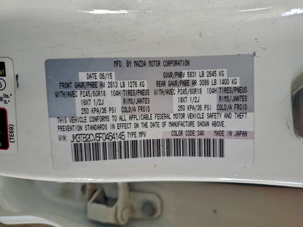 2015 Mazda Cx-9 Touring VIN: JM3TB2CV6F0464145 Lot: 94187345