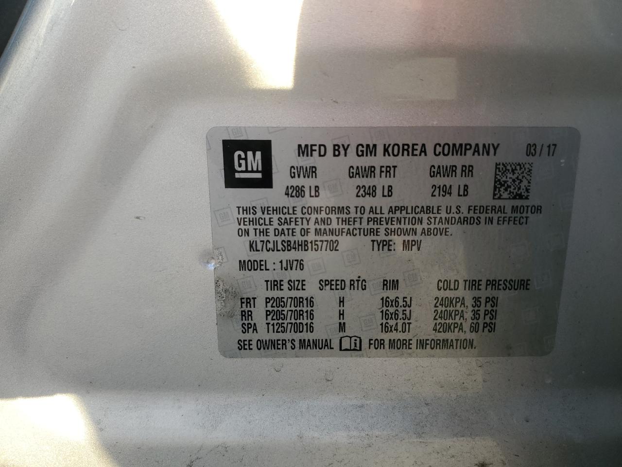 2017 Chevrolet Trax 1Lt VIN: KL7CJLSB4HB157702 Lot: 91441425