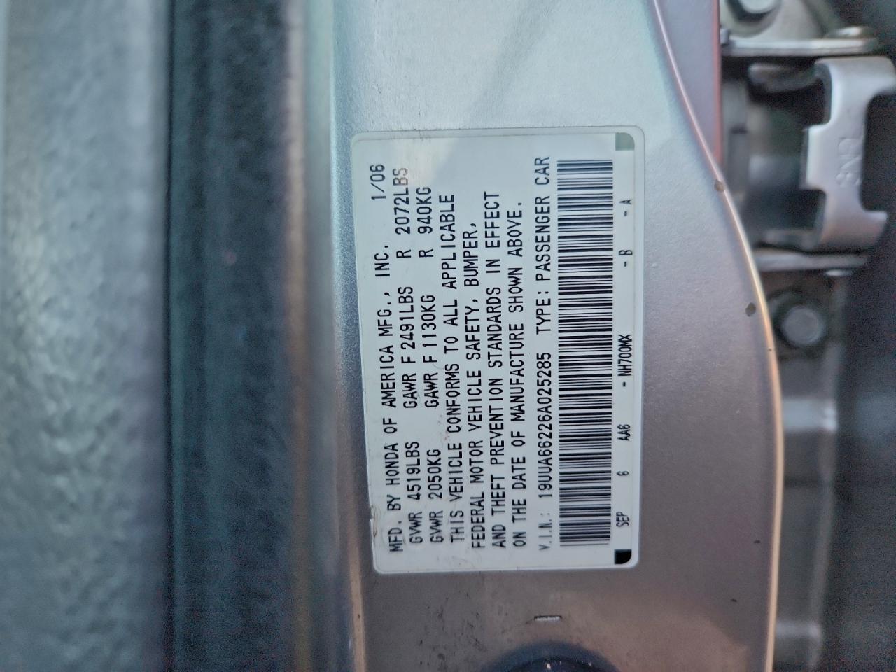 2006 Acura 3.2Tl VIN: 19UUA66226A025285 Lot: 94477895