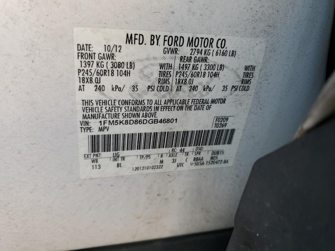 2013 Ford Explorer Xlt VIN: 1FM5K8D86DGB46801 Lot: 92315125