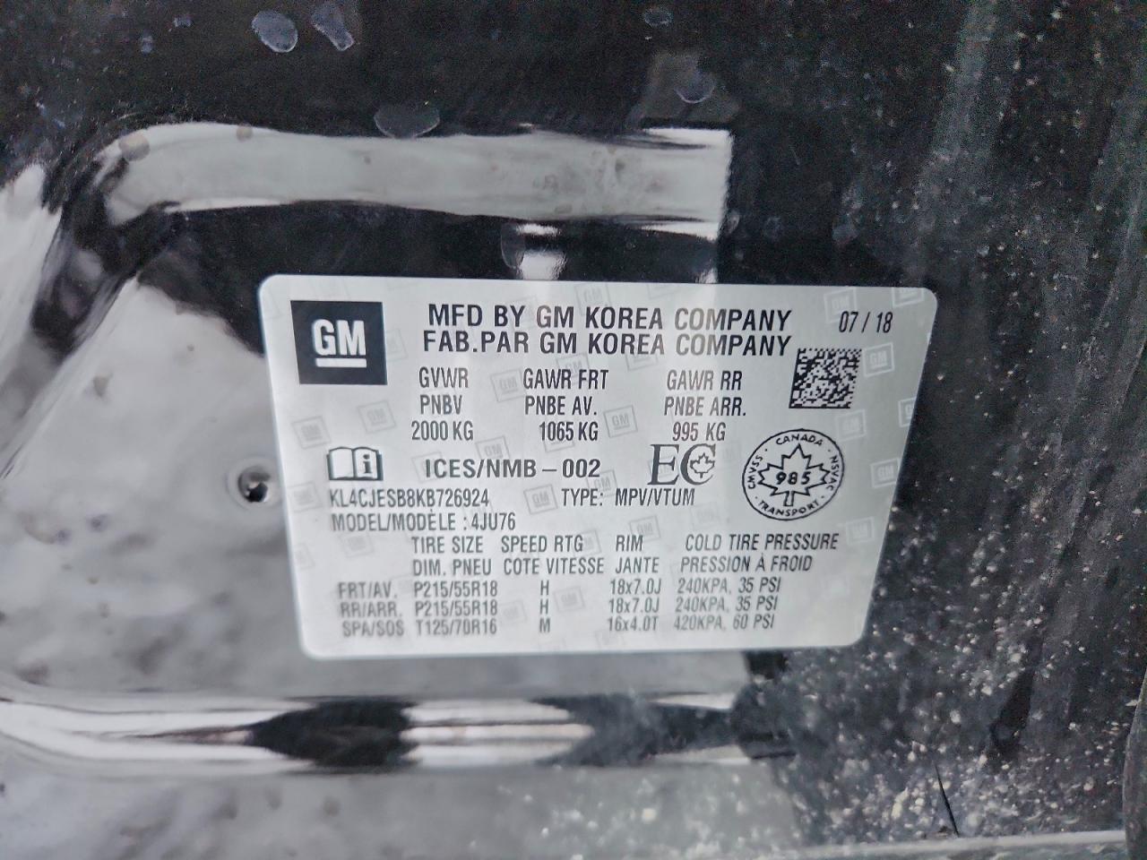 2019 Buick Encore Preferred VIN: KL4CJESB8KB726924 Lot: 93810325