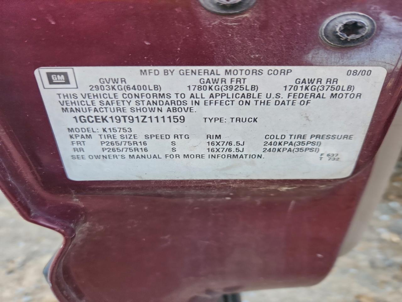 2001 Chevrolet Silverado K1500 VIN: 1GCEK19T91Z111159 Lot: 93620735