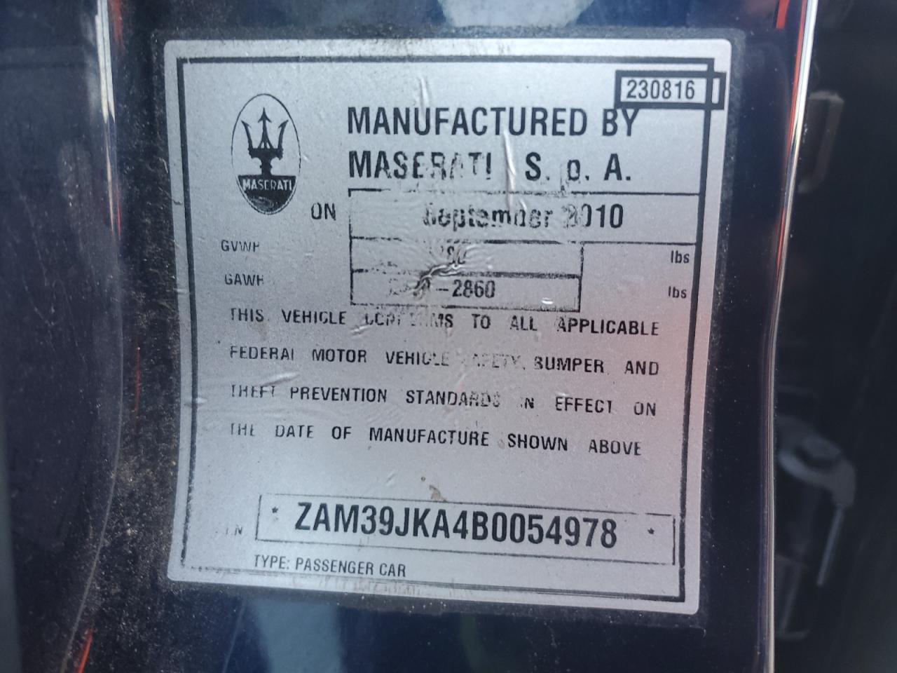 2011 Maserati Quattroporte S VIN: ZAM39JKA4B0054978 Lot: 91734715