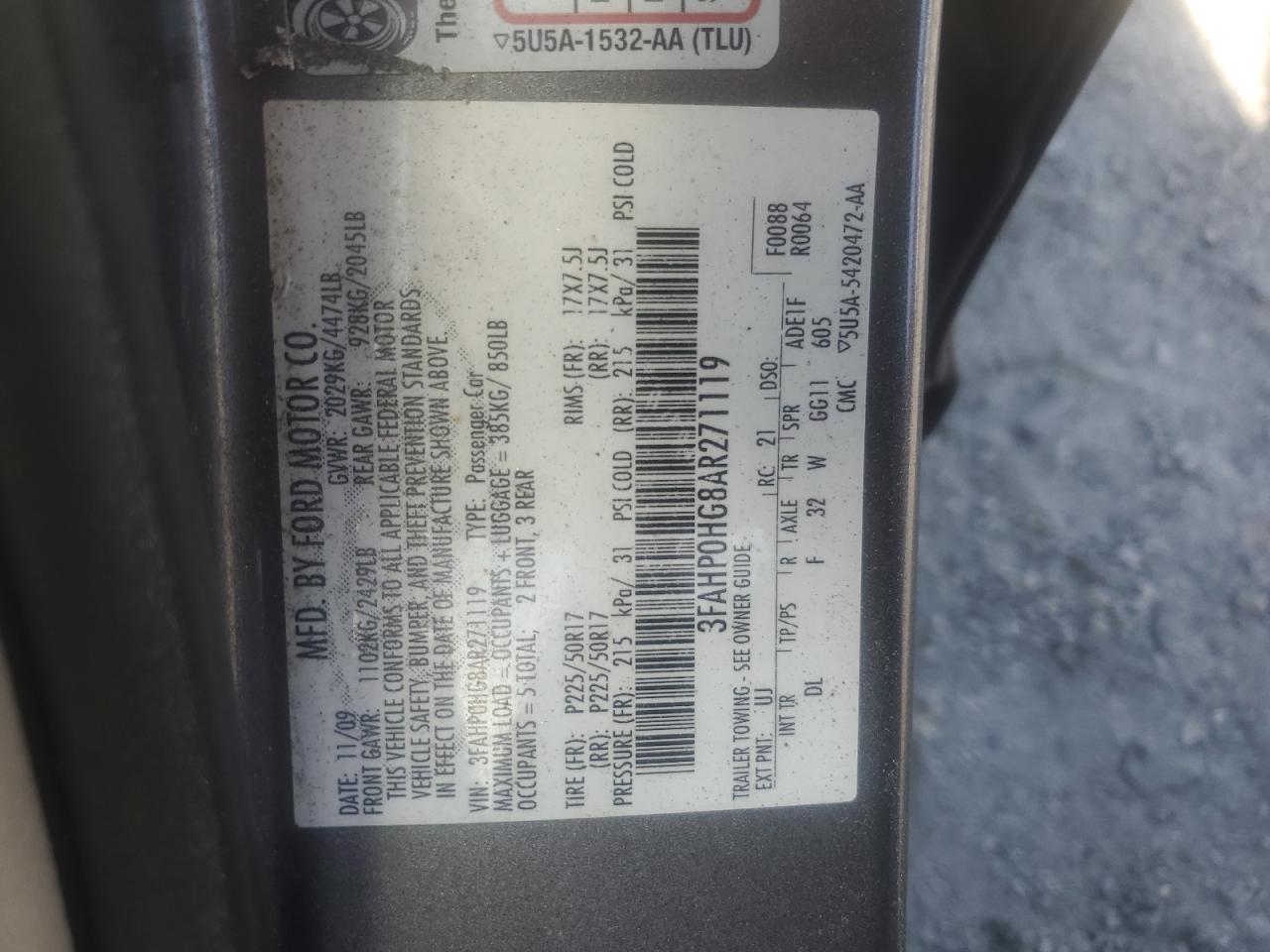 2010 Ford Fusion Se VIN: 3FAHP0HG8AR271119 Lot: 92826335