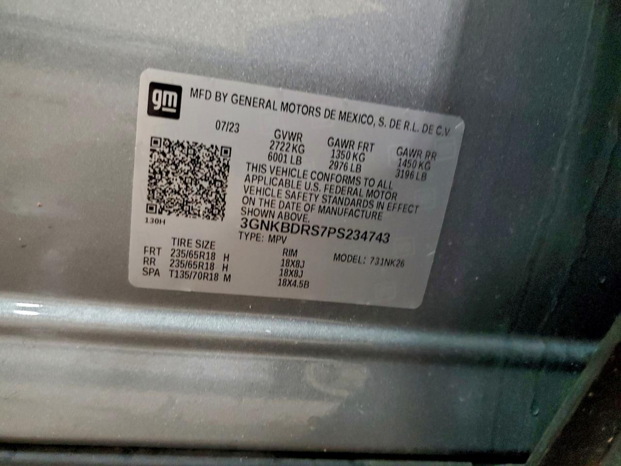 2023 Chevrolet Blazer 3Lt VIN: 3GNKBDRS7PS234743 Lot: 94344835