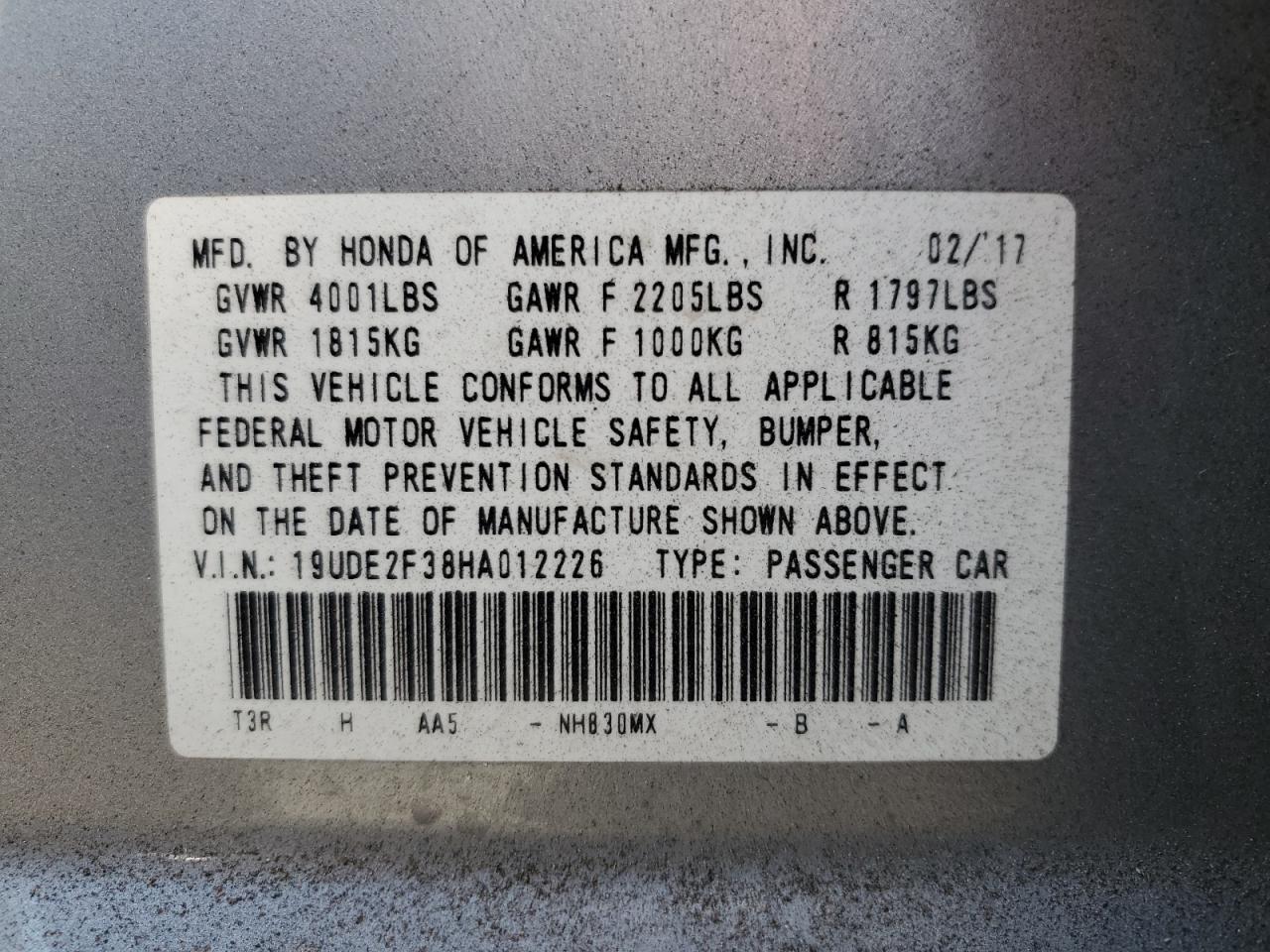 2017 Acura Ilx Base Watch Plus VIN: 19UDE2F38HA012226 Lot: 93978425