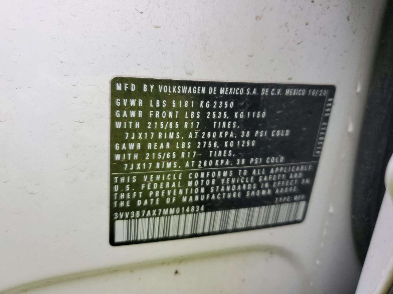 2021 Volkswagen Tiguan Se VIN: 3VV3B7AX7MM014834 Lot: 93826575