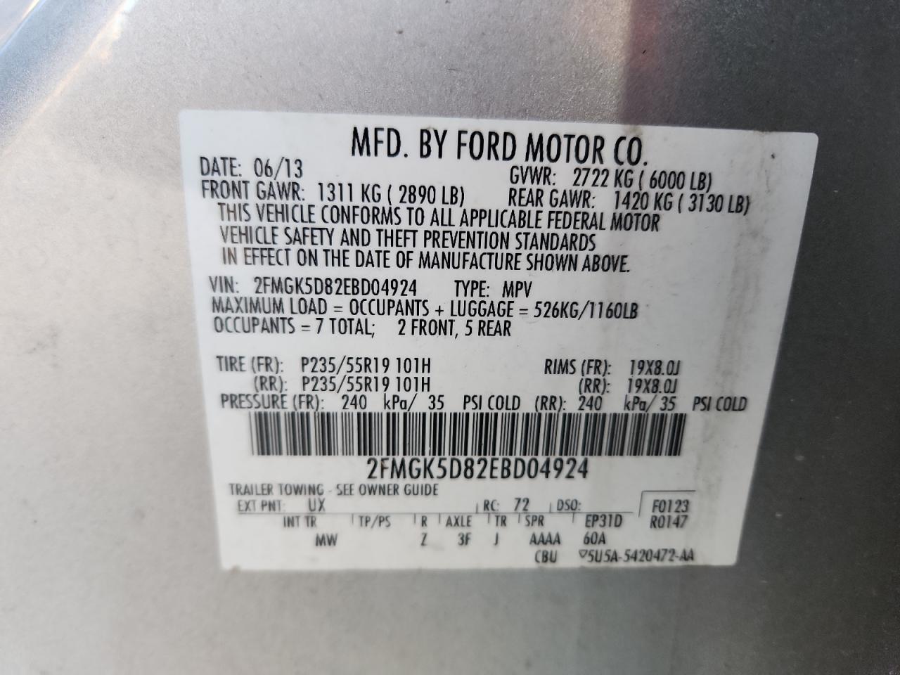 2014 Ford Flex Limited VIN: 2FMGK5D82EBD04924 Lot: 92303405