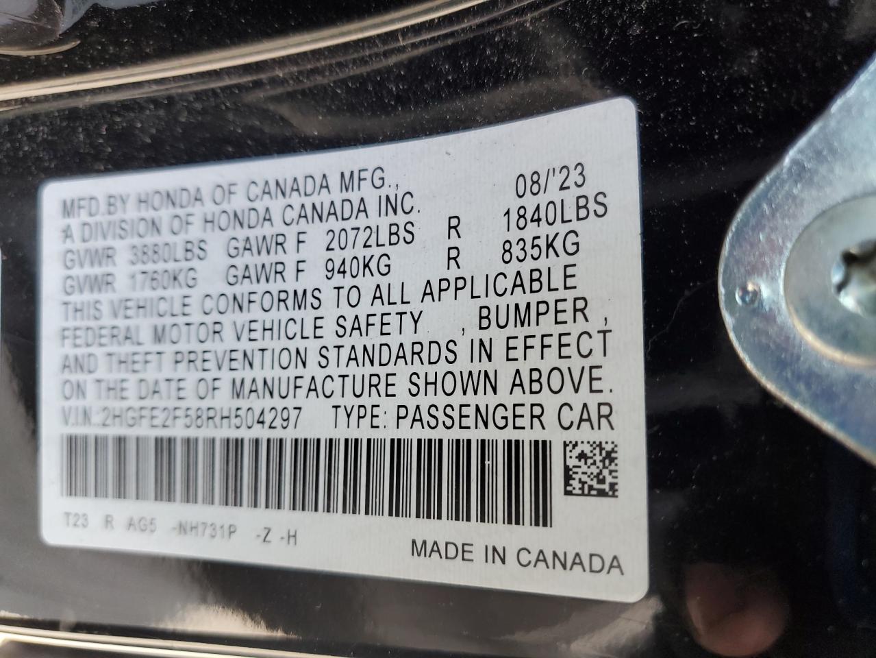 2024 Honda Civic Sport VIN: 2HGFE2F58RH504297 Lot: 91128375