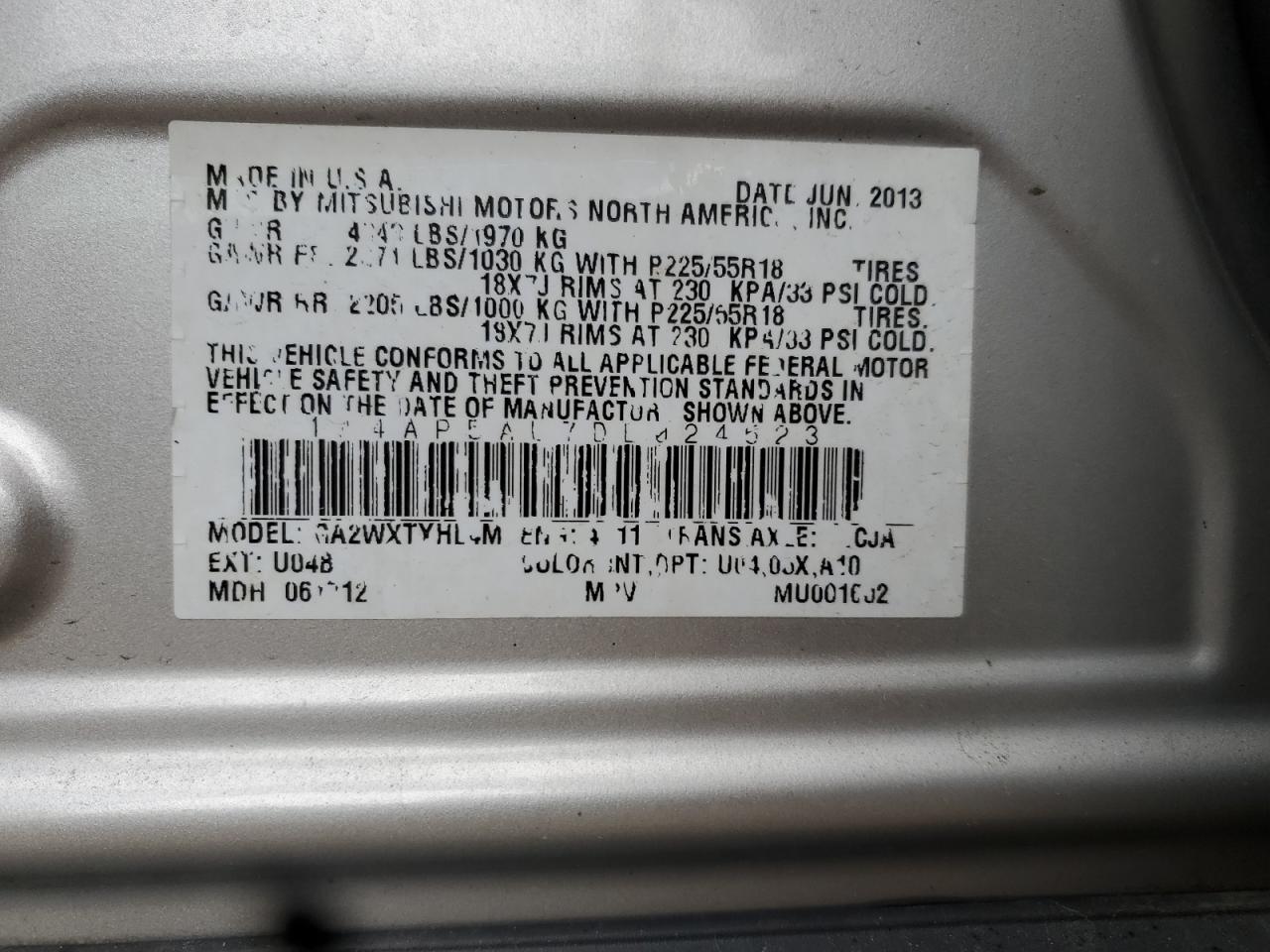 2013 Mitsubishi Outlander Sport Le VIN: 4A4AP5AU7DE024523 Lot: 93010145