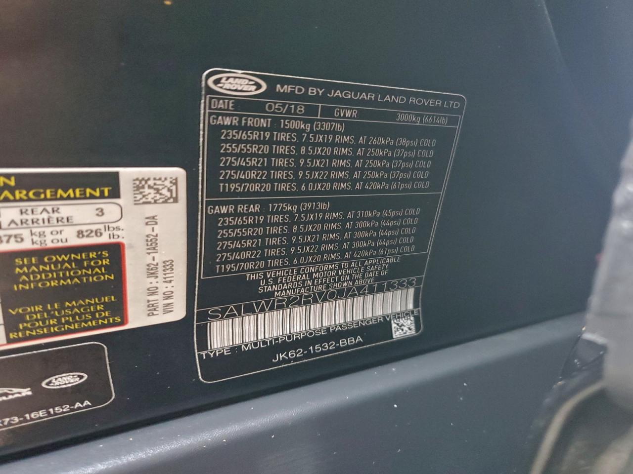 2018 Land Rover Range Rover Sport Hse VIN: SALWR2RV0JA411333 Lot: 94523485