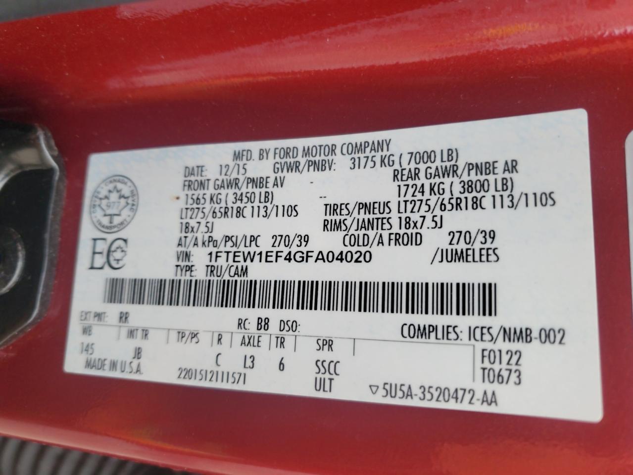 2016 Ford F150 Supercrew VIN: 1FTEW1EF4GFA04020 Lot: 93196995