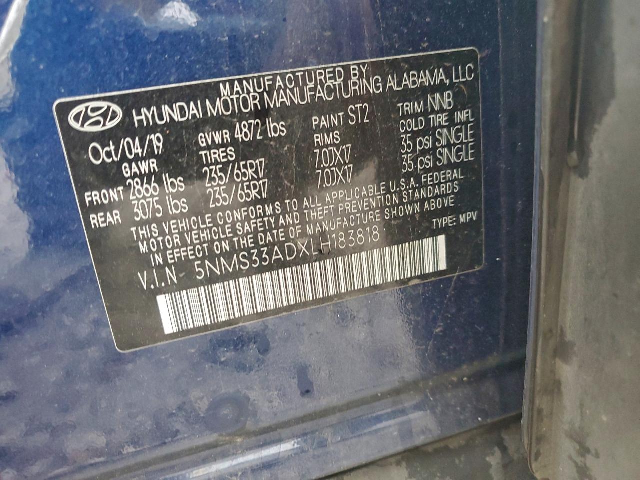 2020 Hyundai Santa Fe Sel VIN: 5NMS33ADXLH183818 Lot: 94223925